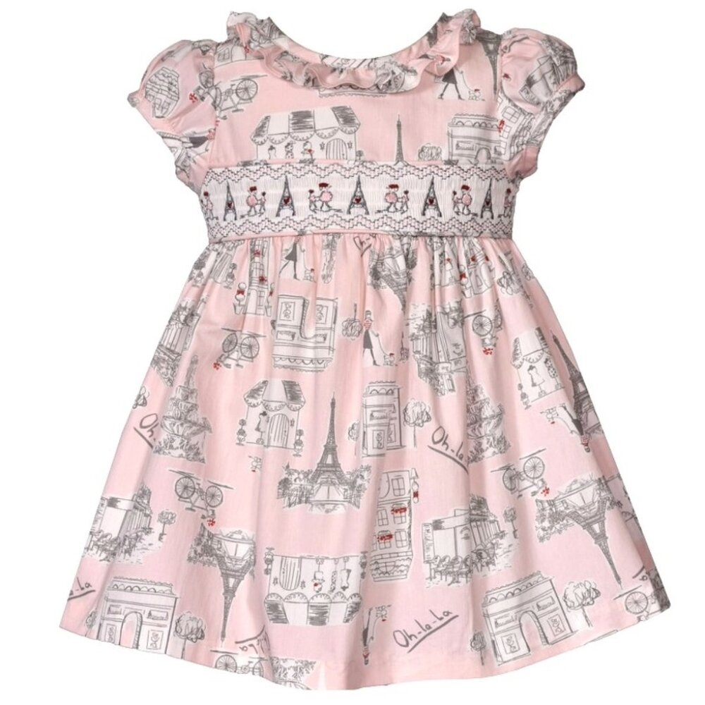 Bonnie Jean Girls Size 3M-24M "PINK PARIS PRINT" Smocked Dress NWT